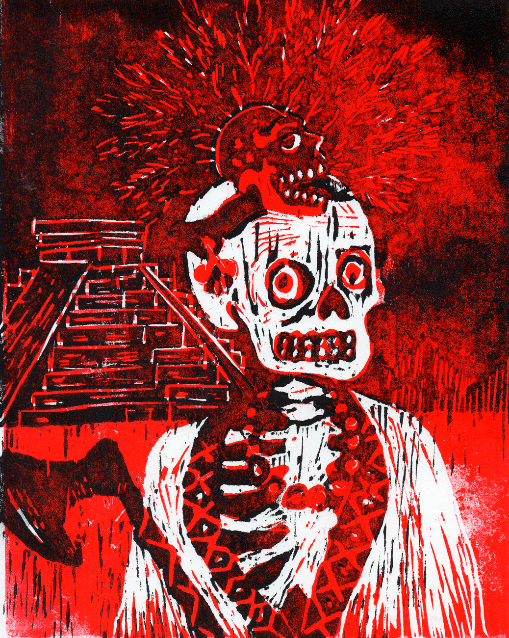 Linogravure Mictlantecuhtli